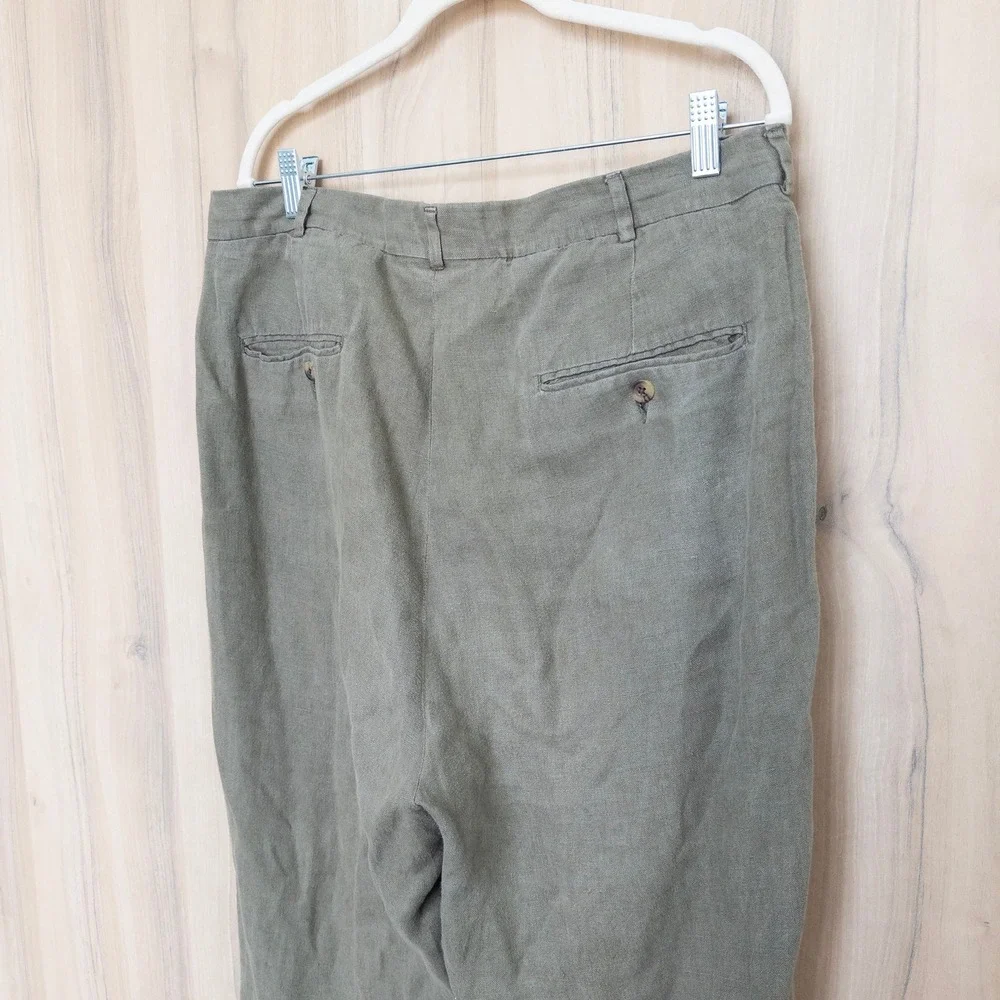 Harold's Mens Linen Pleated Pants 36 Olive Green Straight Leg Trousers Old Money